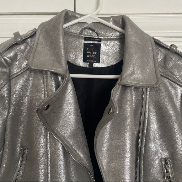 Zara Silver Women's Faux Suede Moto Jacket Sz Large - Picture 6 of 9